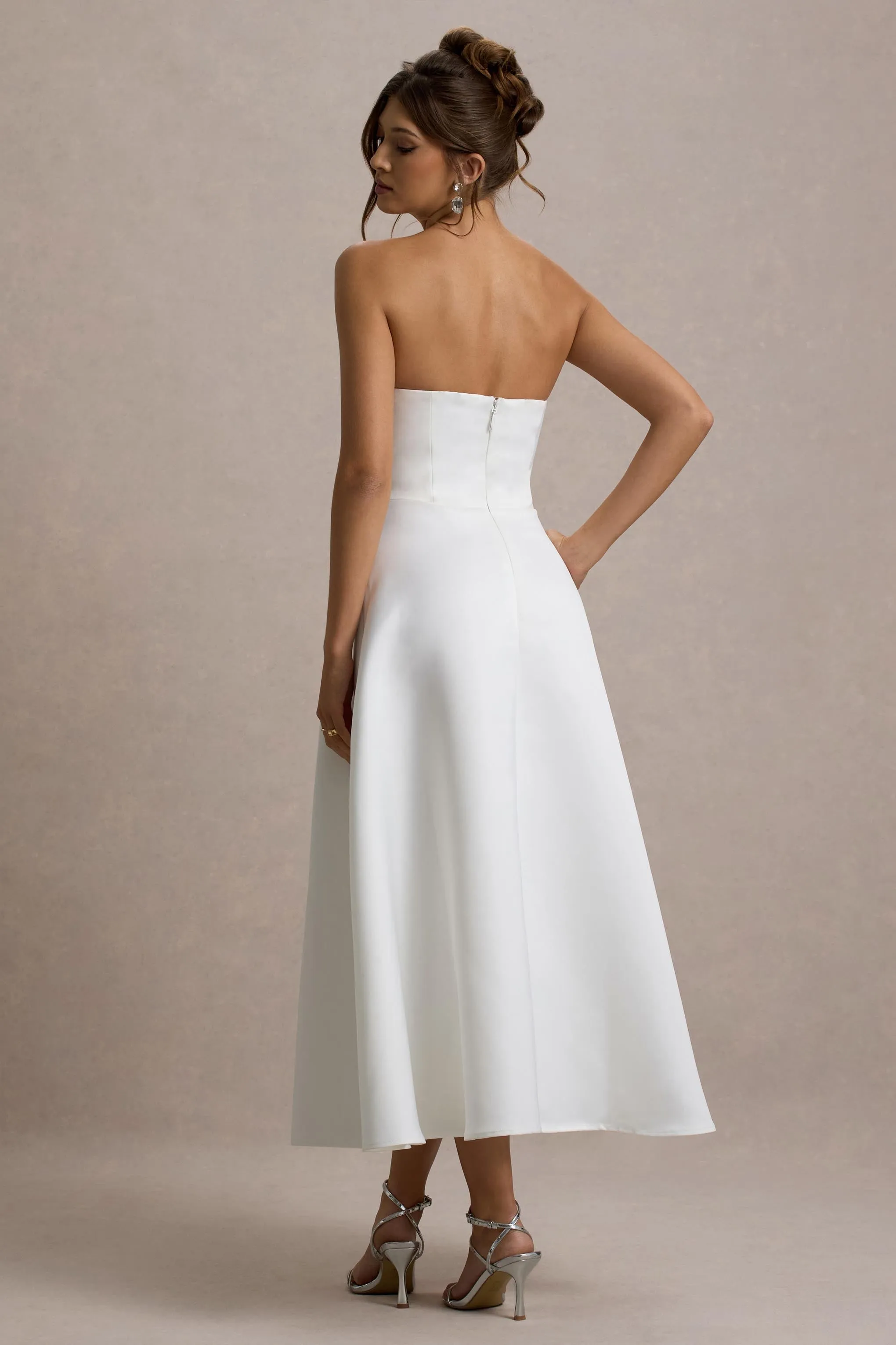 Wintour | White Satin Sweetheart Midi Dress