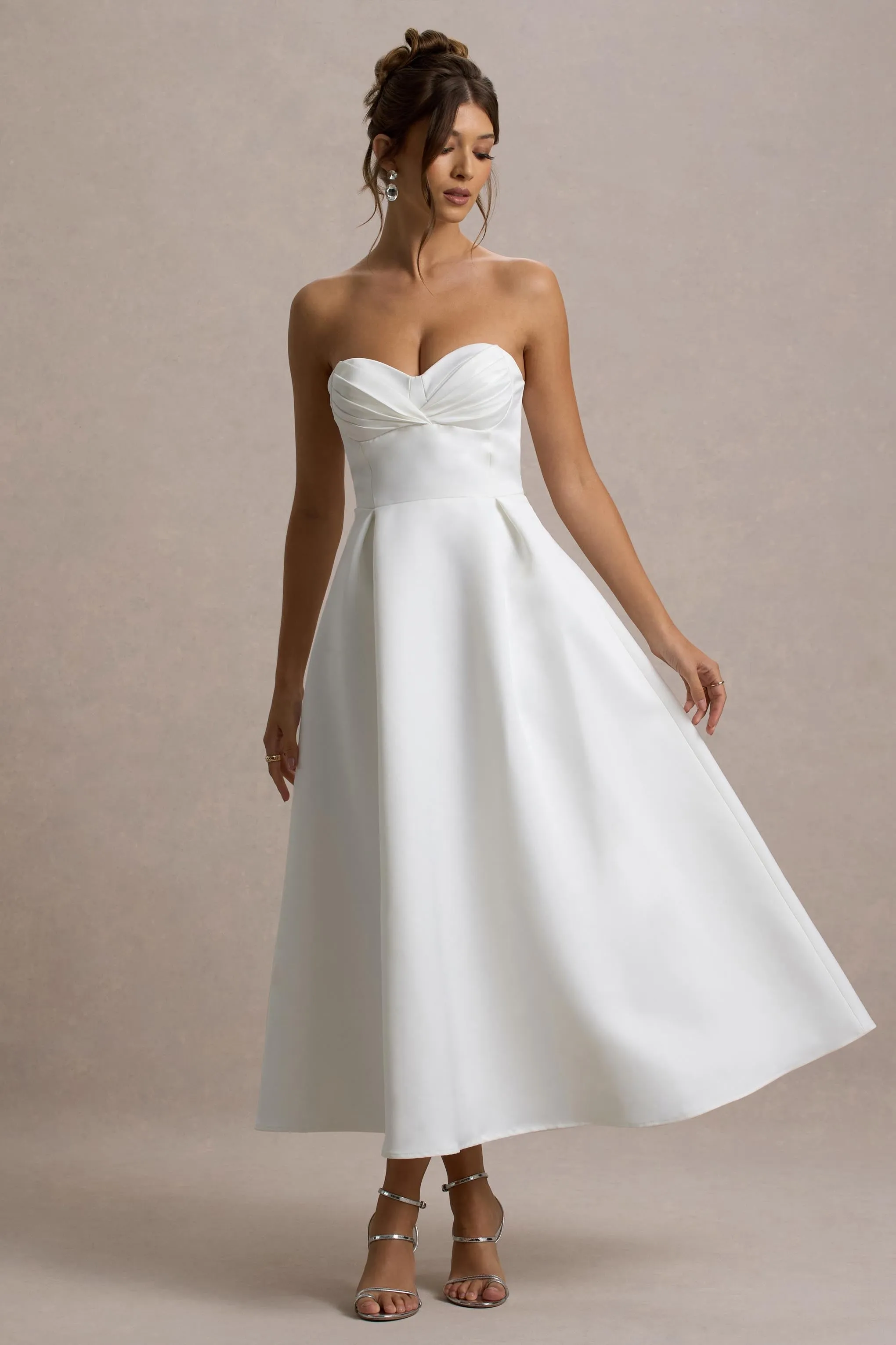 Wintour | White Satin Sweetheart Midi Dress