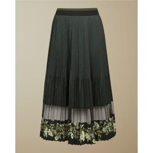 Women Boniiee-Meadow Sweep Mesh Panel Pleated Midi Skirt - Khaki