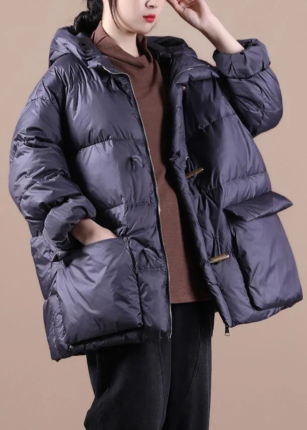 women plus size down jacket black hooded pockets goose Down coat