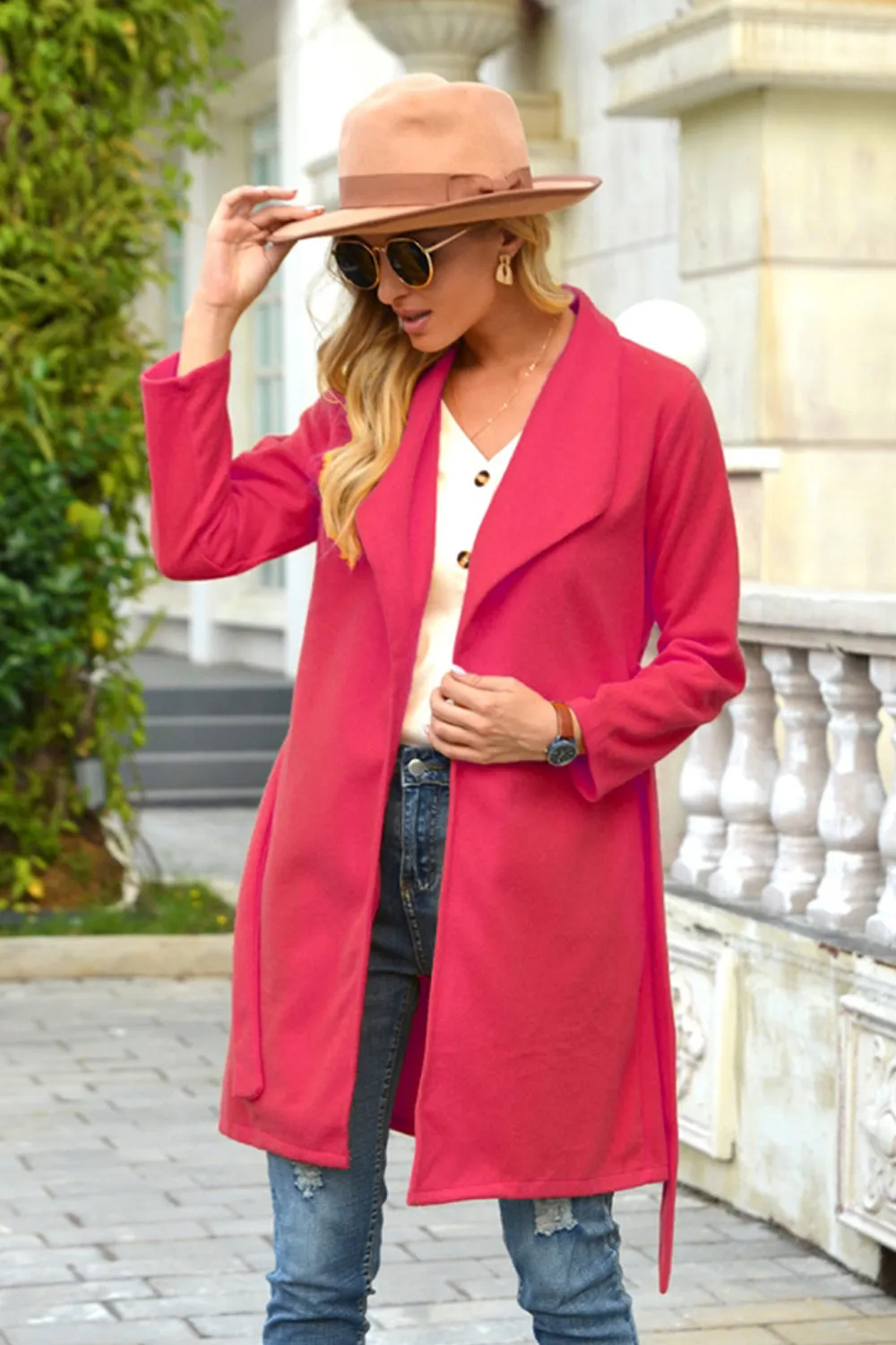 Woolen Lapel Tie Long Coat